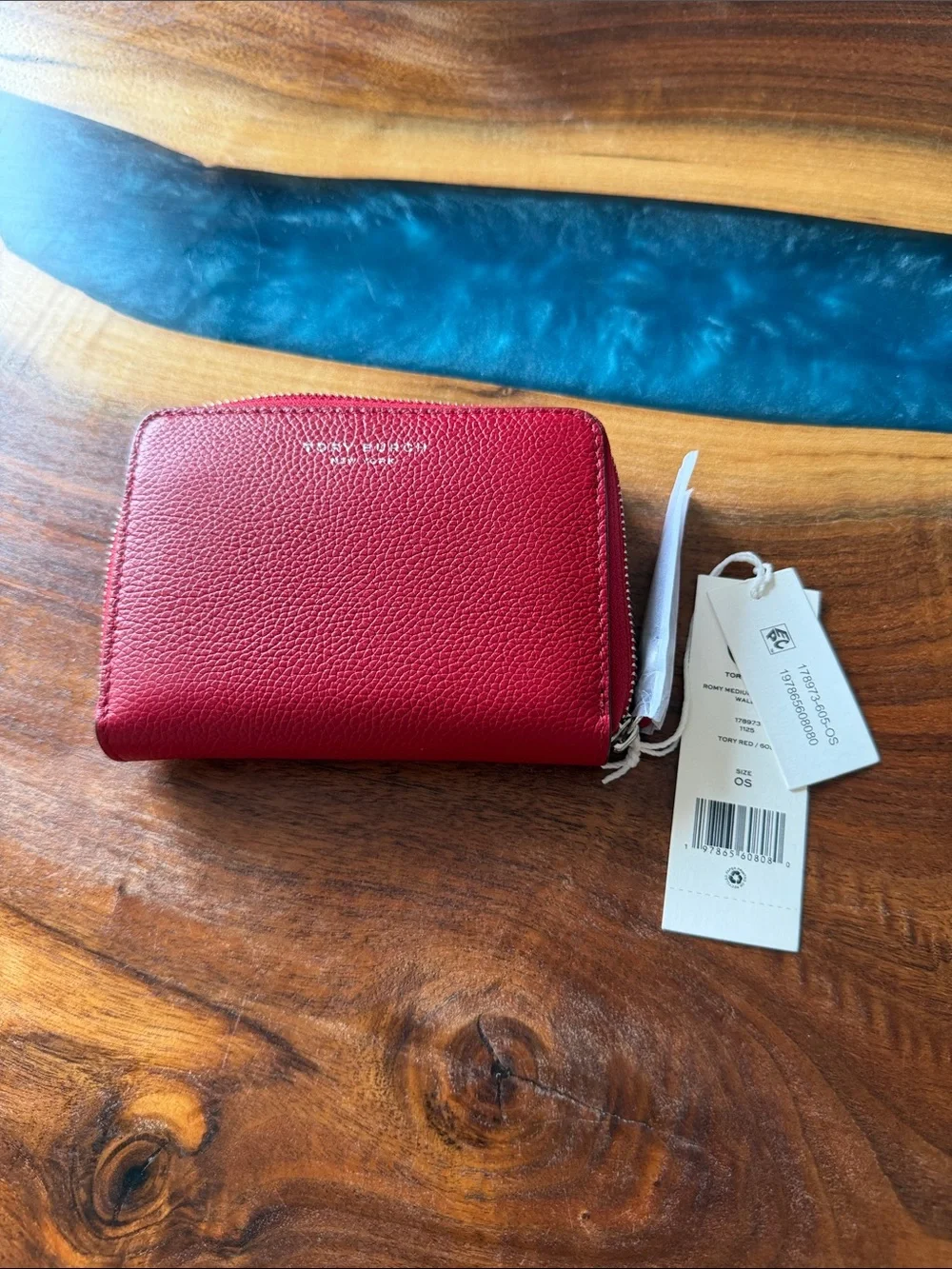 Tory Burch Cherry Red Pebbled Leather Zip Wallet